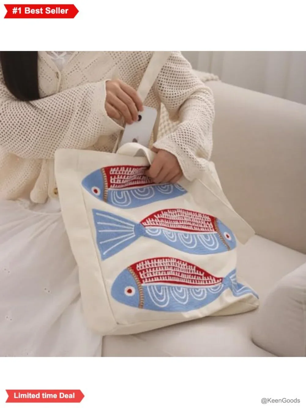Canvas Tote Bag Embroidered Beach Ocean Theme Large Reusable